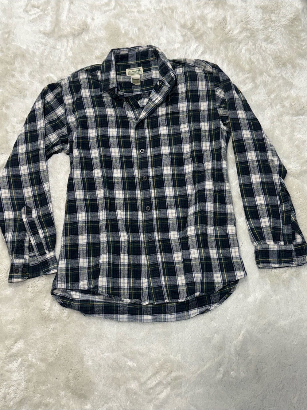 L.L. Bean Navy, Green & White Plaid Flannel Shirt size S